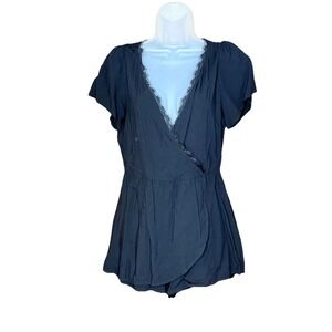 Express Romper Women 4 Black Wrap V Neck Lace Trim Boho Minimalist‎ Festival